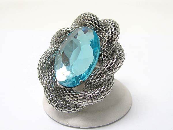 Facet glass stone and metal tube chain deco stretch ring