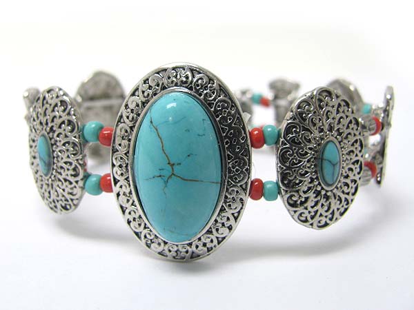 Oval turquoise stone textured disk link stretch bracelet