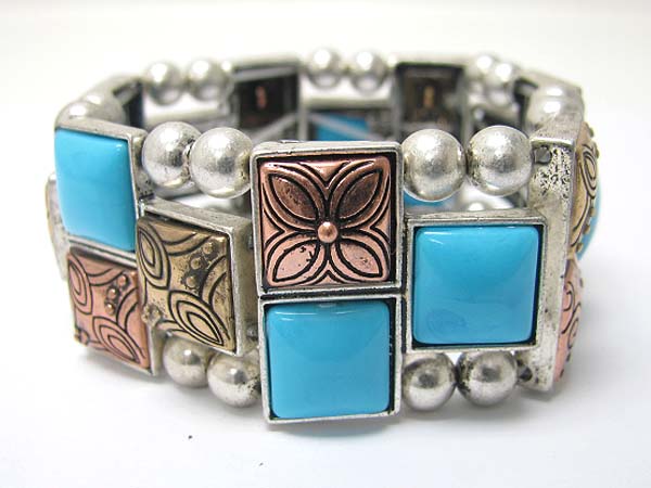 Tri tone mixed metal ball and square disk link stretch bracelet