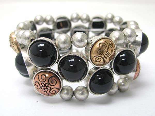 Tri tone mixed metal ball and round disk link stretch bracelet