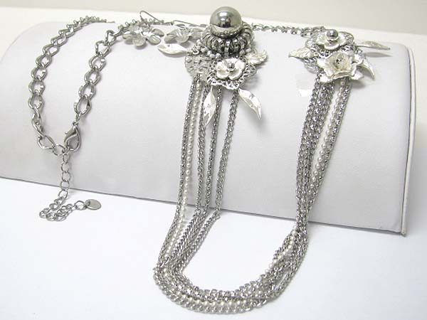 Metal flower accent multi chain long neckalce earring set