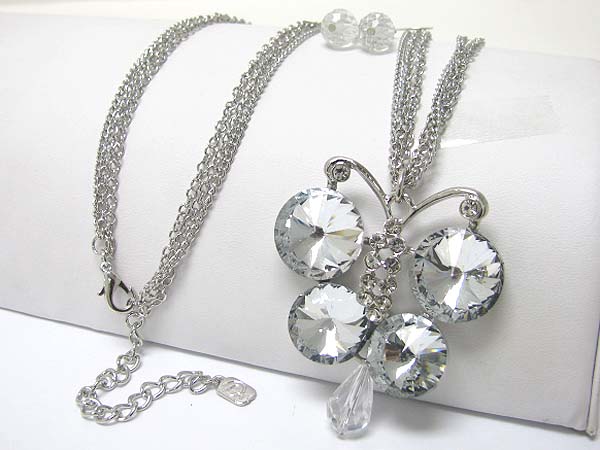 Crystal deco butterfly pendant long necklace earring set