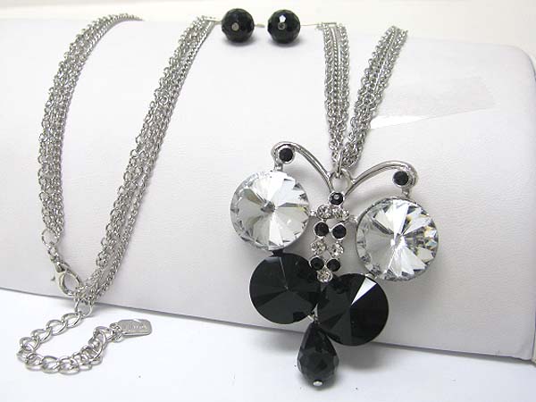 Crystal deco butterfly pendant long necklace earring set