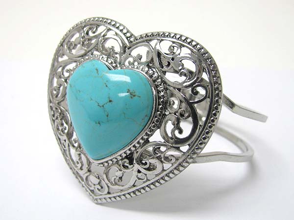 Large natural stone textured metal heart hinge bangle 