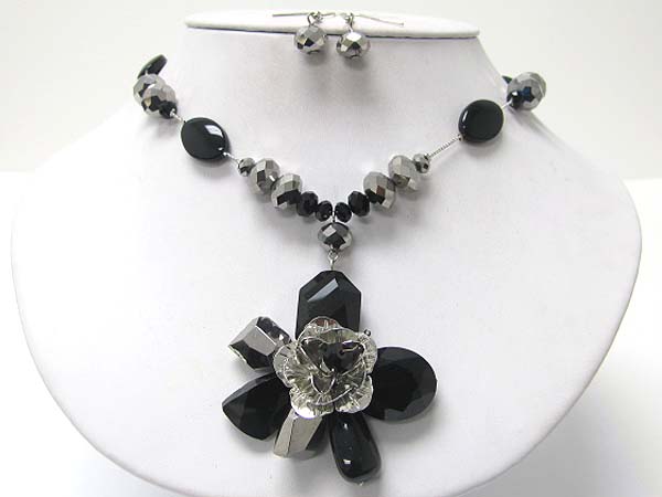 Facet glass stone flower pendant necklace earring set