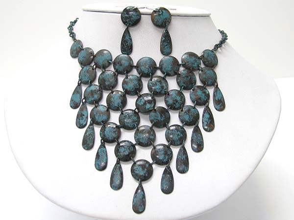 Patina disk link bib style necklace earring set