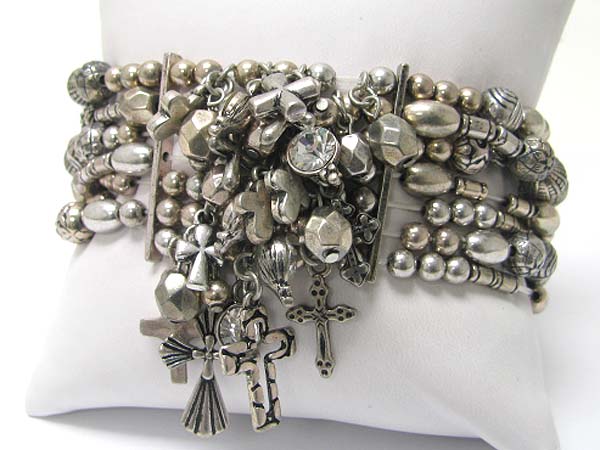 Multi charm tassel dangle metal beads stretch bracelet