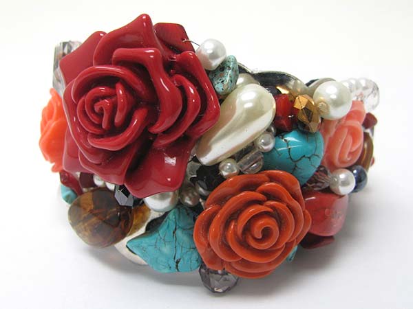 Acryl flower with turquoise and mixed natural stone and beads deco cuff bangle