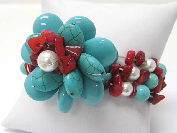 Turquoise and coral and pearl deco flower top stretch bracelet