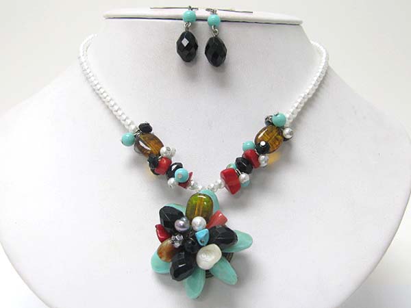 Natural stone and beads cluster flower necklace earring set