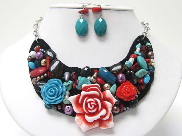 Acryl flower with turquoise and mixed natural stone and beads deco bib style necklace earring set