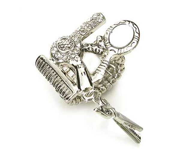 Crystal scissors and beuaty shop theme charm dangle stretch ring