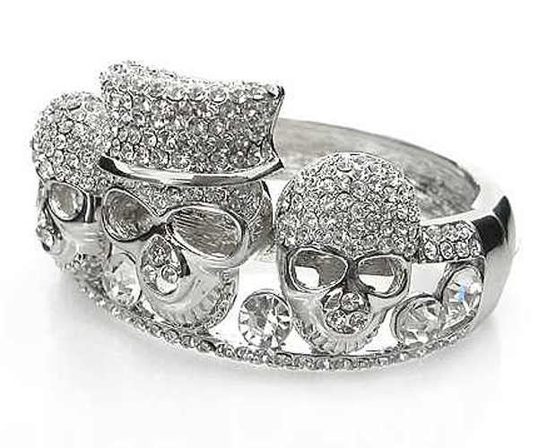 Crystal stud three skull hinge bangle