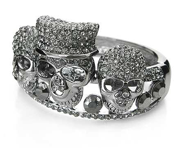 Crystal stud three skull hinge bangle