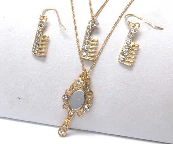 Crystal stud hand mirror and comb long necklace earring set