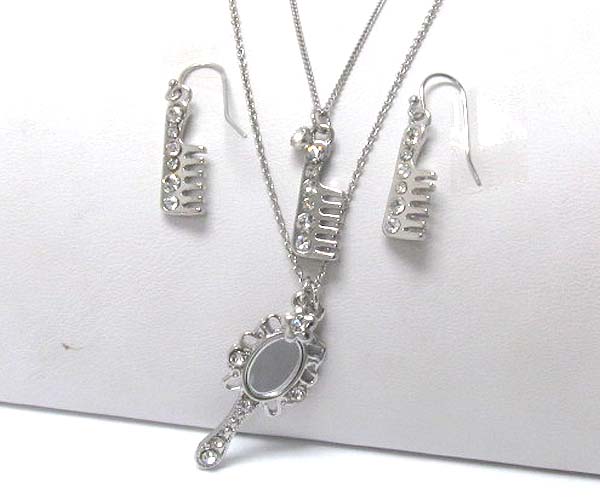 Crystal stud hand mirror and comb long necklace earring set