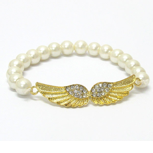 Crystal stud wings pearl stretch bracelet