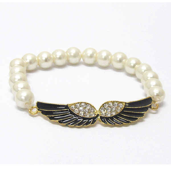 Crystal stud wings pearl stretch bracelet