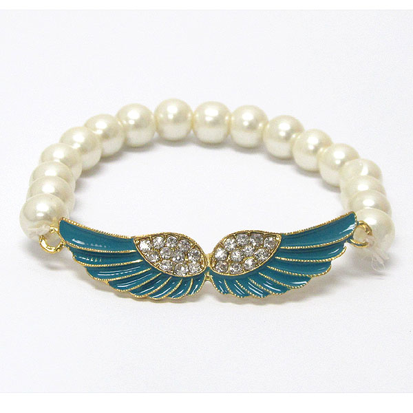 Crystal stud wings pearl stretch bracelet