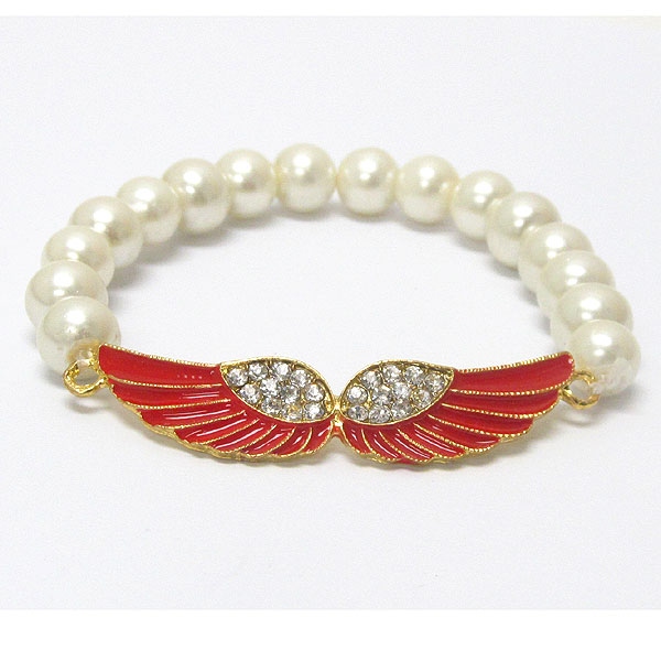 Crystal stud wings pearl stretch bracelet