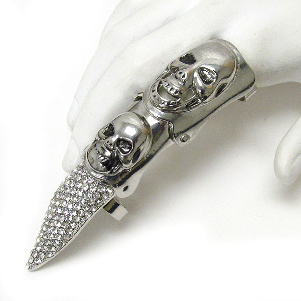 Crystal nail and skull skeleton finger ring - halloween