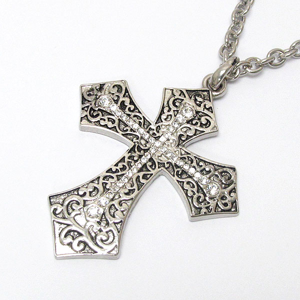 Crystal deco metal filigree western cross pendant necklace