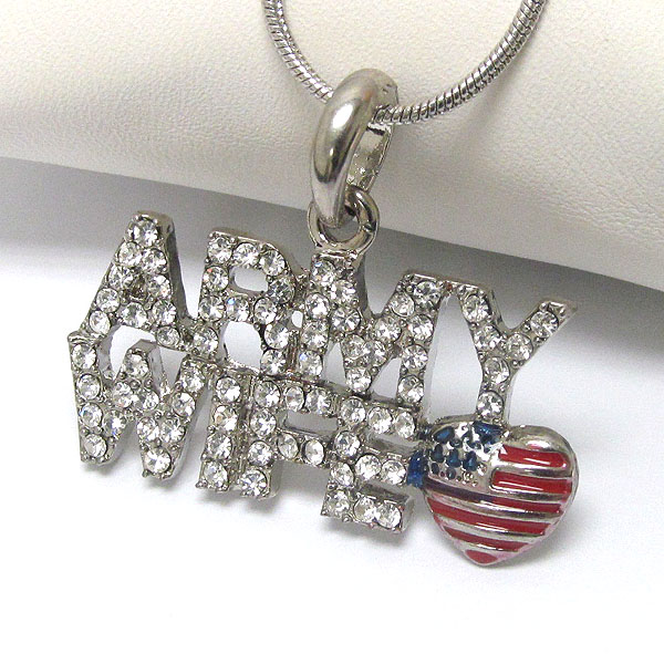 Crystal army wife and american flag pendant necklace