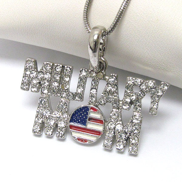 Crystal military mom and american flag pendant necklace