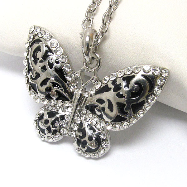 Crystal and metal filigree butterfly necklace