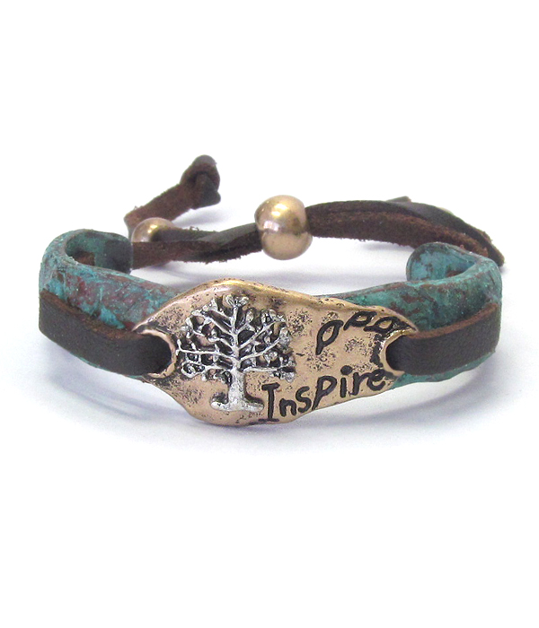 Tree of life vintage rustic metal and leather pull tie bracelet