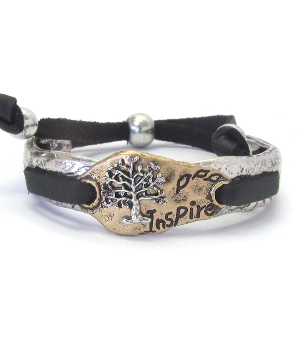 Tree of life vintage rustic metal and leather pull tie bracelet