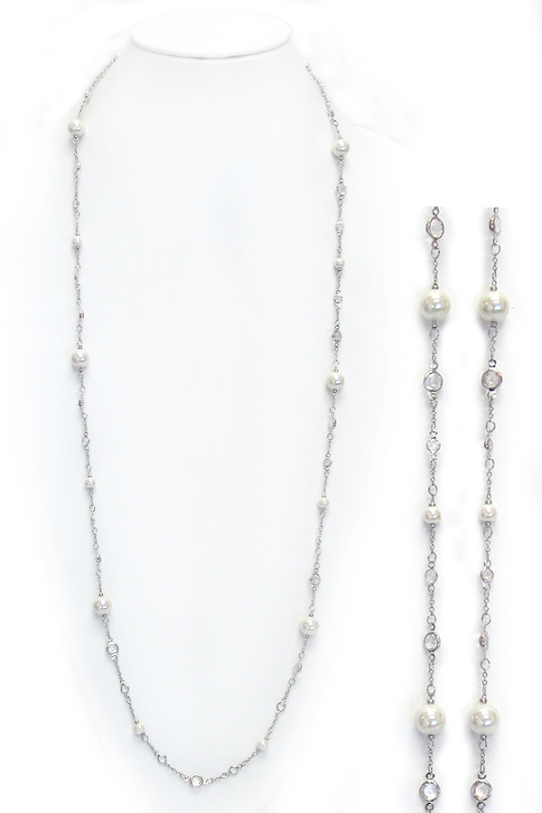 Glass pearl fine chain long necklace