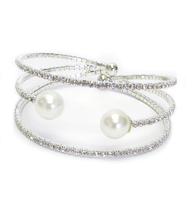 Memory wire pearl and rhinestone bracelet