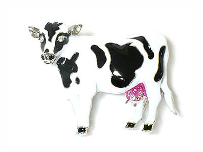 Crystal and epoxy milk cow brooch