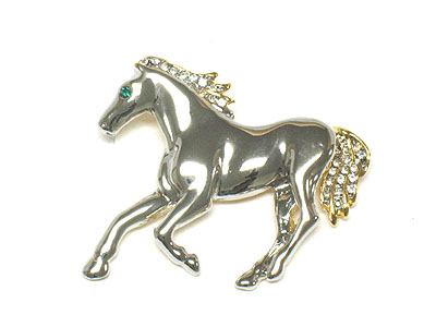 Two tone crystal horse brooch