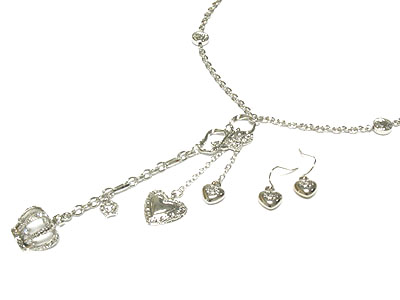 Crystal crown and heart drop necklace set