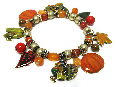 Thanksgiving theme autumn leaf and turkey charm stretch bracelet