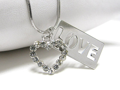 Made in korea whitegold plating crystal heart and love tag necklace