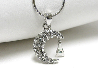 Made in korea whitegold plating crystal crescent and eiffel tower necklace