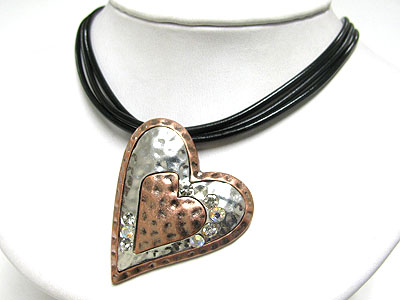 Crystal stud hammered metal heart pendant cord necklace