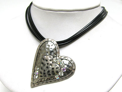 Crystal stud hammered metal heart pendant cord necklace