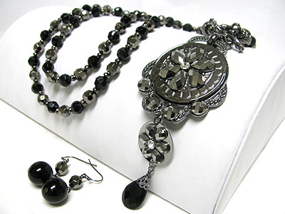 Metallic stone deco round disk and ball drop long necklace earring set