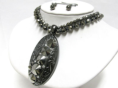 Metallic stone deco large oval pendant double strand necklace earring set