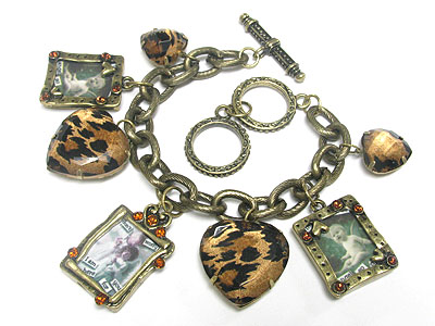 Animal pattern glass heart and photo frame charm dangle bracelet