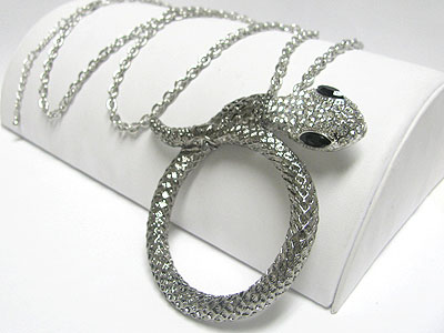 Crystal stud metal snake pendant long necklace