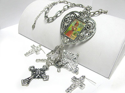 Multi cross dangle heart photo frame pendant long necklace earring set