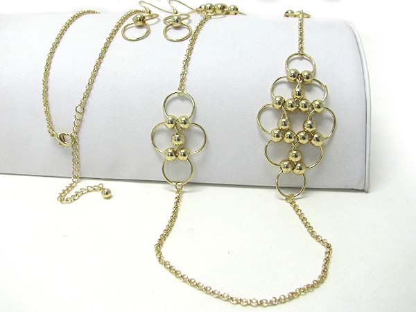 Multi metal ball hoop and chain long necklace earring set  - hoops