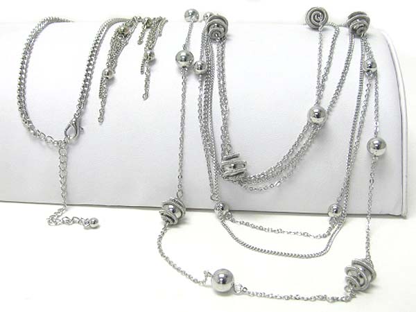 Multi metal ball and chain long necklace earring set