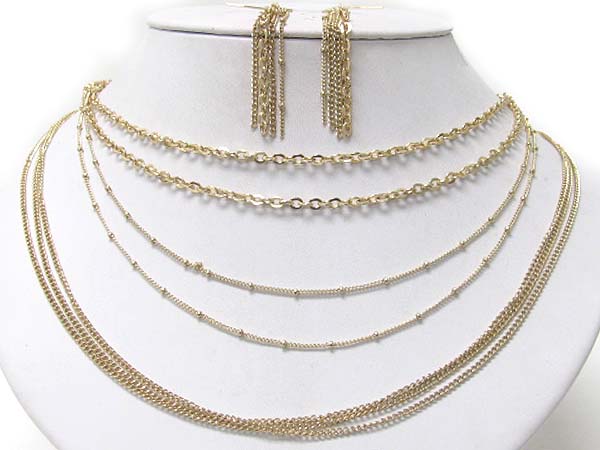 Multi layer metal chain necklace earring set 