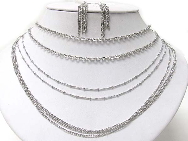 Multi layer metal chain necklace earring set 